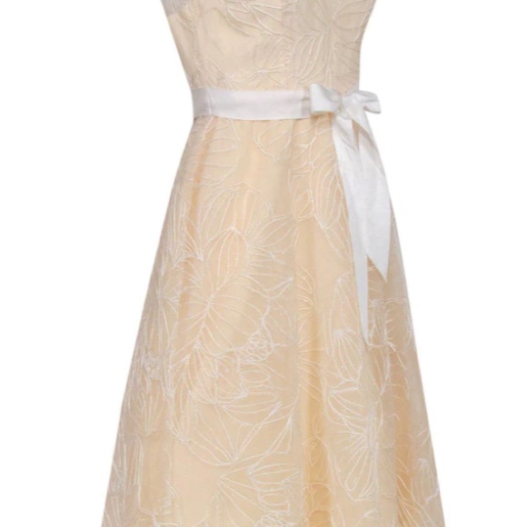 BCBGMaxAzria -Cream Midi Dress w/ Metallic Floral Embroidered Tulle Overlay Sz 0 - Picture 2 of 8